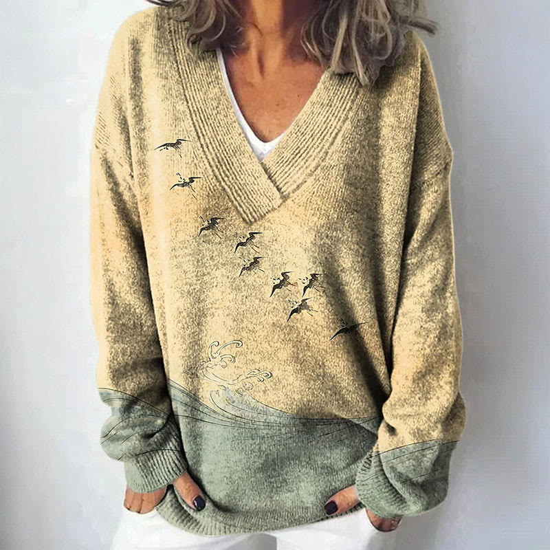 Retro Waves Seabirds Japanese Art Graphic Vintage Print Causal V-neck Pullover Sweater - Khaki - 4XL - image 1