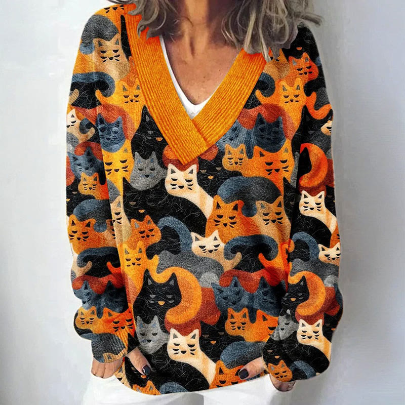 Vintage Cute Cat Print Causal V-neck Pullover Sweater - Orange - 4XL - image 1