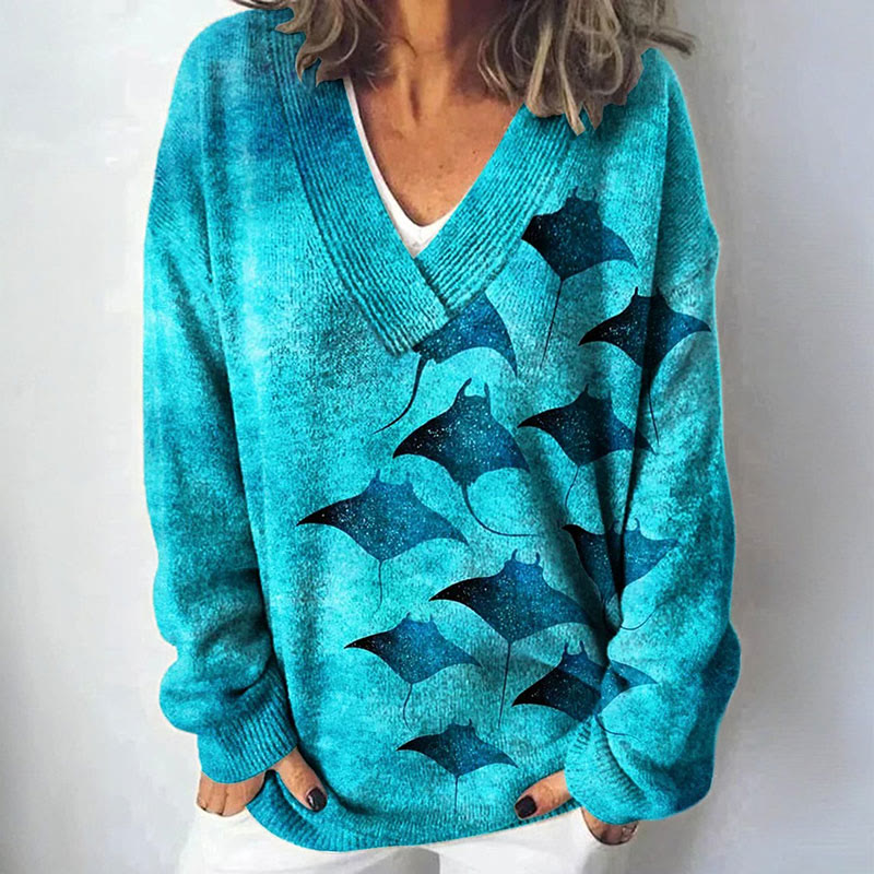 Vintage Manta Rays Art Print Causal V-neck Pullover Sweater - Blue - 4XL - image 1
