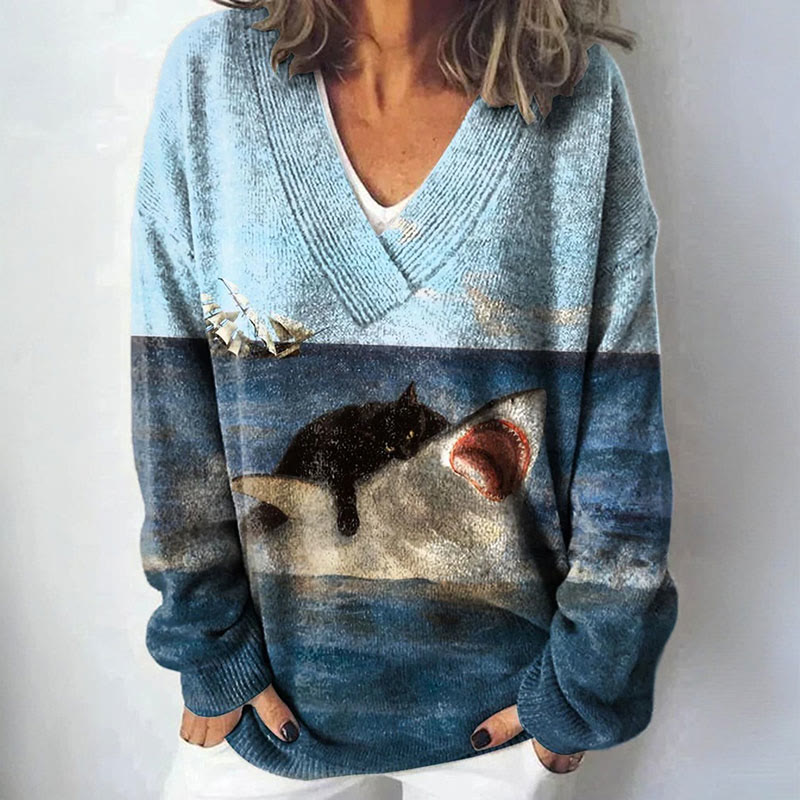 Funny Cat Bite Shark Art Print Causal V-neck Pullover Sweater - Blue - 4XL - image 1