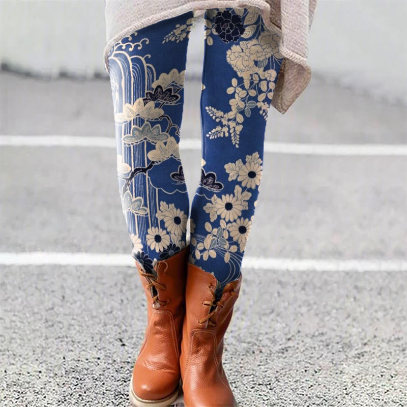 Retro Sketching Floral Art Print Women's Leggings - Blue - 5XL - image 1