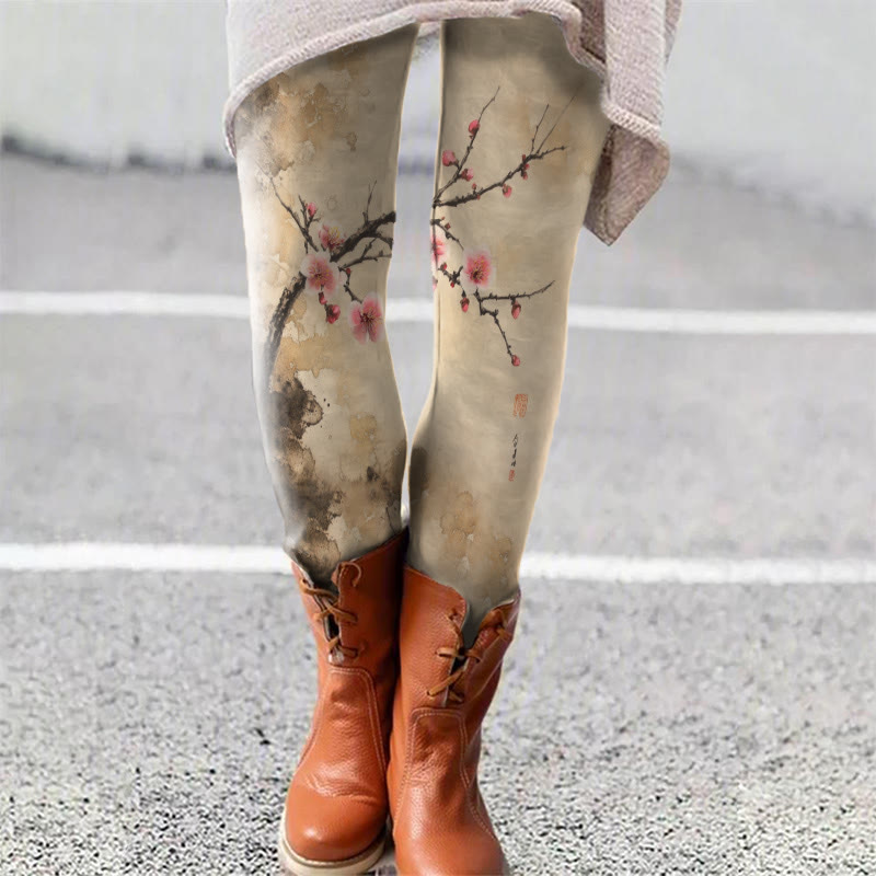 Women's Japanese Retro Pinky Sakura Art Print Leggings - Apricot - 5XL - image 1