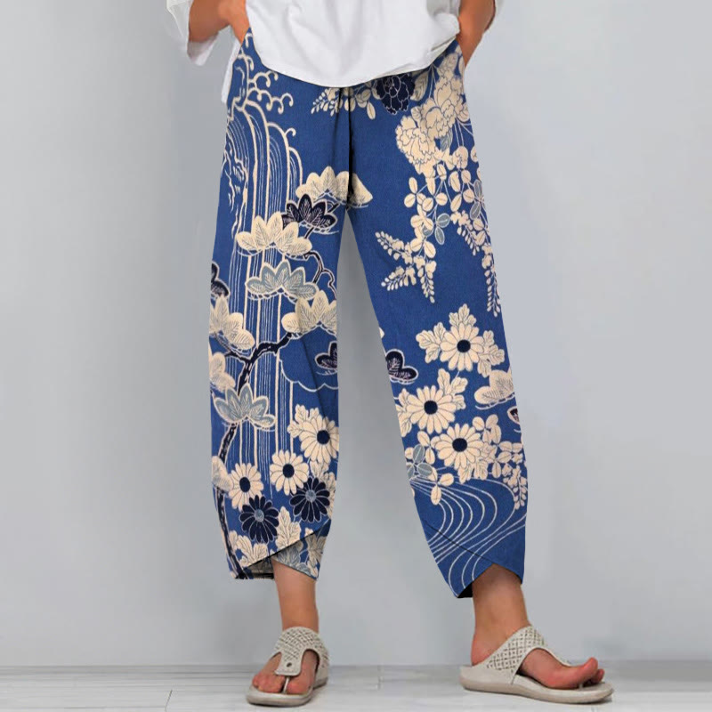 Women's Retro Sketching Floral Art Print Drawstring Pocket Pants - Blue - 8XL - image 1