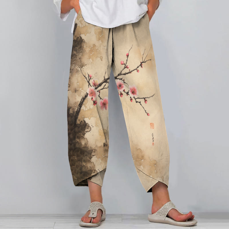 Women's Japanese Retro Pinky Sakura Art Print Drawstring Pocket Pants - Apricot - 8XL - image 1