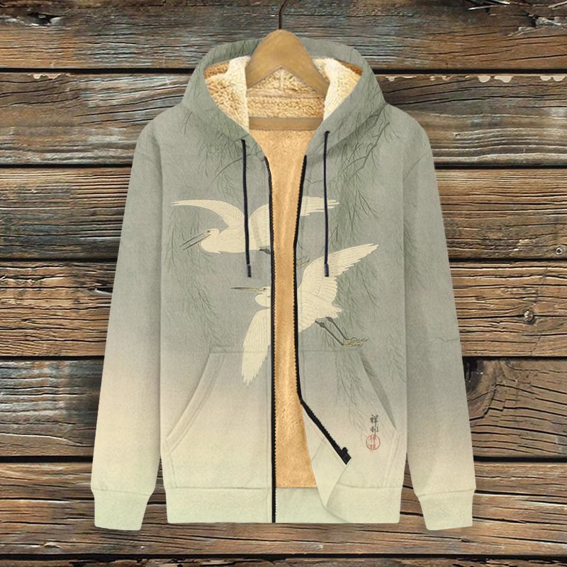 Women's Vintage White Crane Art Print Fleece Jacket - Green - 4XL - image 1