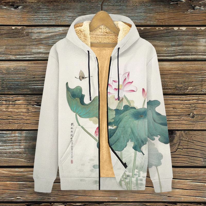 Women's Japanese Oil Painting Lotus Butterfly Print Fleece Jacket - White - 4XL - image 1