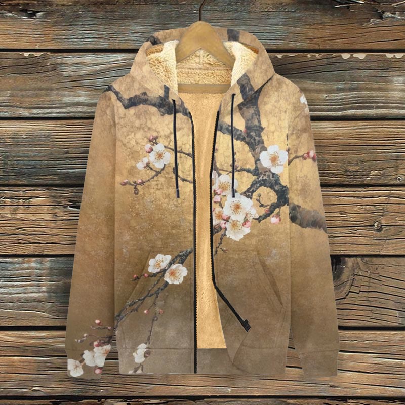 Women's Vintage Sakura Blossom Art Print Fleece Jacket - Coffee - 4XL - image 1
