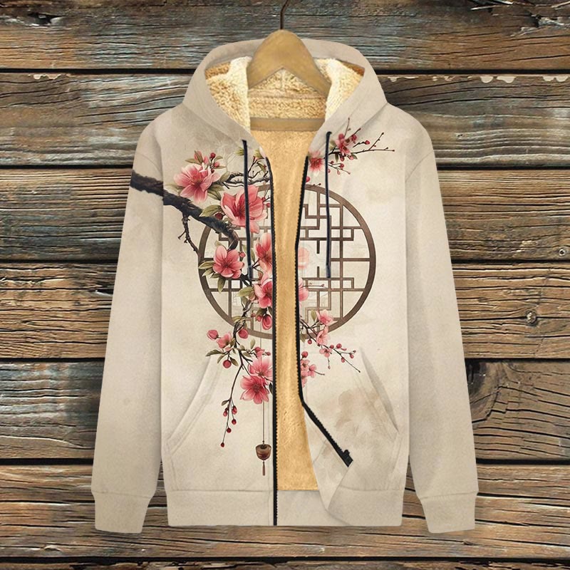 Women's Retro Plum Blossom Art Print Fleece Jacket - Apricot - 4XL - image 1