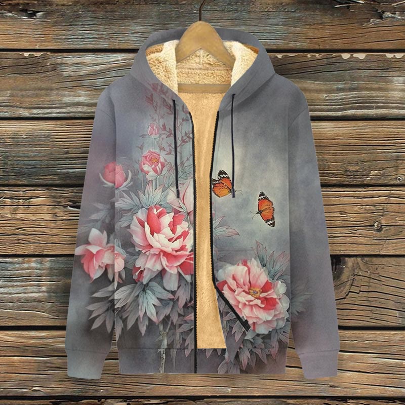 Women's Vivid Rose Blossom And Butterfly Art Print Fleece Jacket - Grey - 4XL - image 1