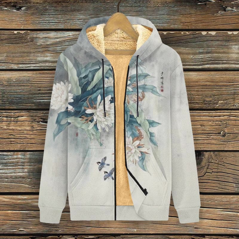 Women's Japanese White Chrysanthemum Art Print Fleece Jacket - Light Gray - 4XL - image 1