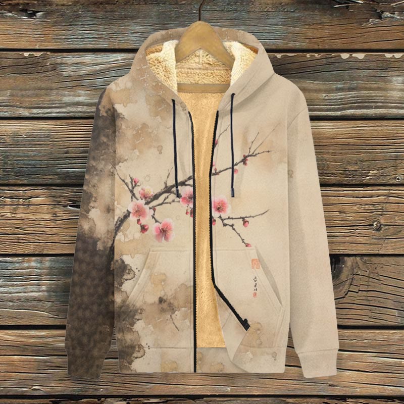 Women's Japanese Retro Pinky Sakura Art Print Fleece Jacket - Khaki - 4XL - image 1