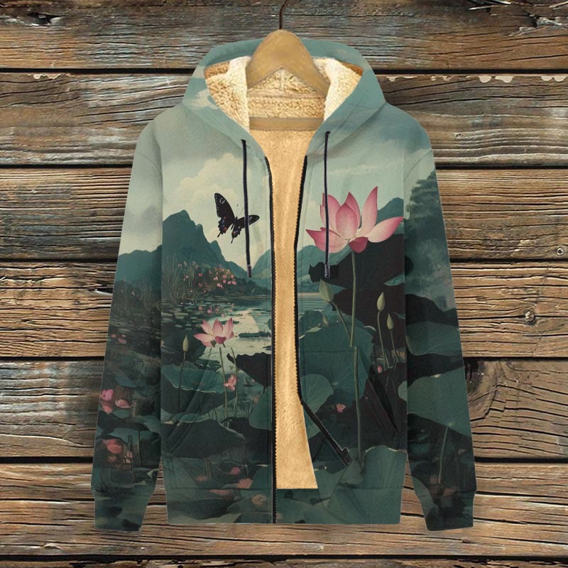 Women's Lovely Butterfly With Lotus Pond Print fleece jacket - Dark Green - 4XL - image 1