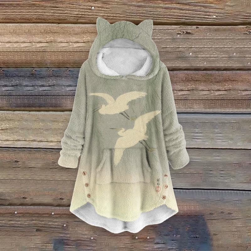 Vintage White Crane Art Print Women's Kangaroo Pocket Cute Cat Ear Fuzzy Fleece Hoodie - Green - 6XL - image 1