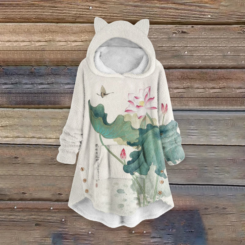 Japanese Oil Painting Lotus Butterfly Print Women's Kangaroo Pocket Cute Cat Ear Fuzzy Fleece Hoodie - White - 6XL - image 1