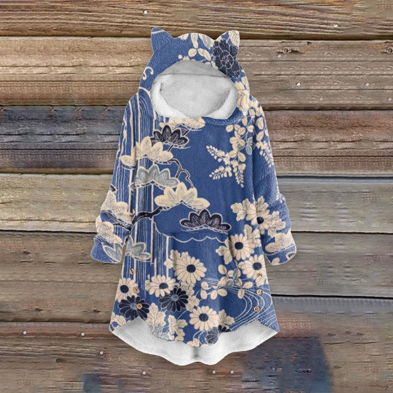 Women's Retro Sketching Floral Art Print Kangaroo Pocket Cute Cat Ear Fuzzy Fleece Hoodie - Blue - 6XL - image 1