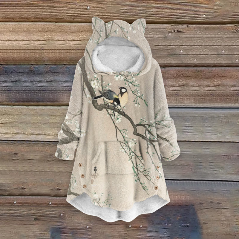 Women's Lovely Lark On Pear Tree Art Print Kangaroo Pocket Cute Cat Ear Fuzzy Fleece Hoodie - Apricot - 6XL - image 1