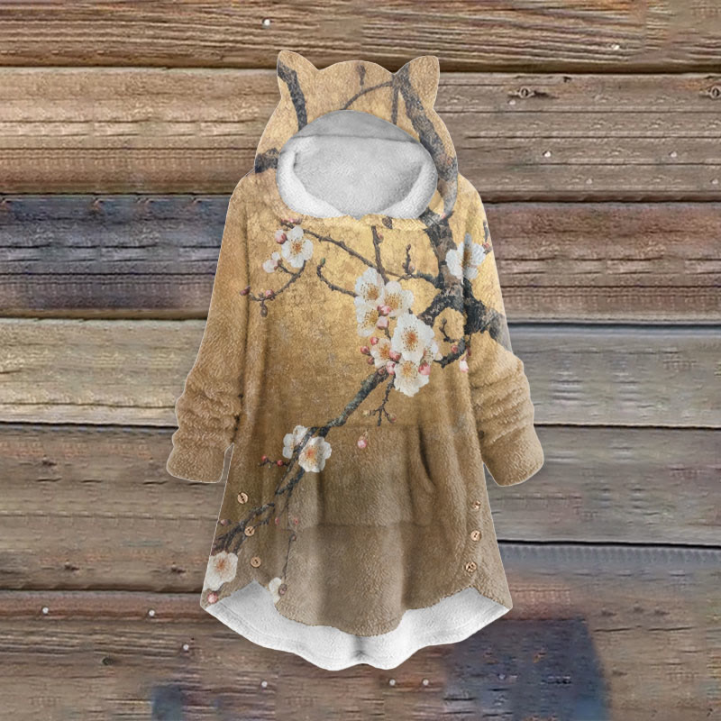 Women's Vintage Sakura Blossom Art Print Kangaroo Pocket Cute Cat Ear Fuzzy Fleece Hoodie - Coffee - 6XL - image 1