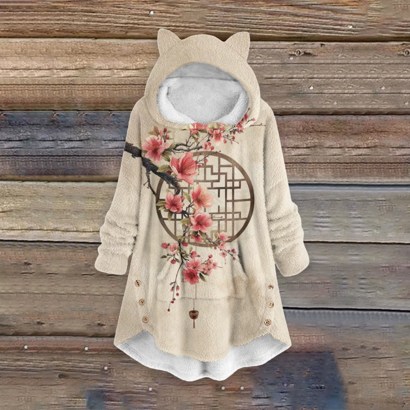 Women's Retro Plum Blossom Art Print Kangaroo Pocket Cute Cat Ear Fuzzy Fleece Hoodie - Apricot - 6XL - image 1