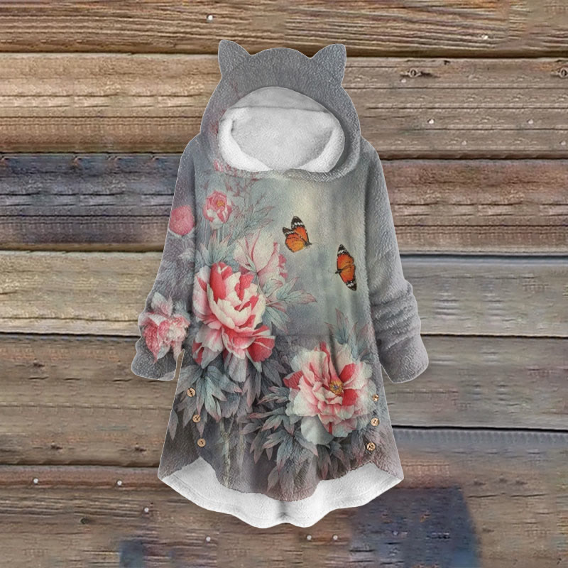 Women's Vivid Rose Blossom And Butterfly Art Print Kangaroo Pocket Cute Cat Ear Fuzzy Fleece Hoodie - Grey - 6XL - image 1