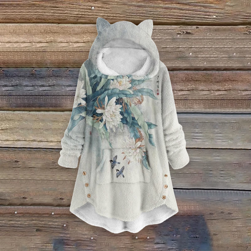 Women's Japanese White Chrysanthemum Art Print Kangaroo Pocket Cute Cat Ear Fuzzy Fleece Hoodie - Light Gray - 6XL - image 1