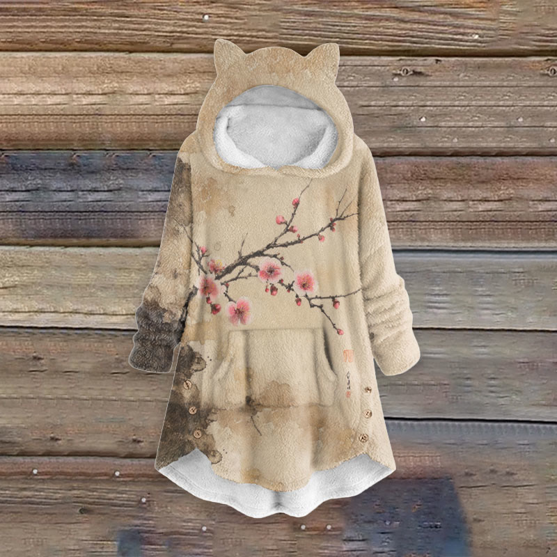 Women's Japanese Retro Pinky Sakura Art Print Kangaroo Pocket Cute Cat Ear Fuzzy Fleece Hoodie - Khaki - 6XL - image 1