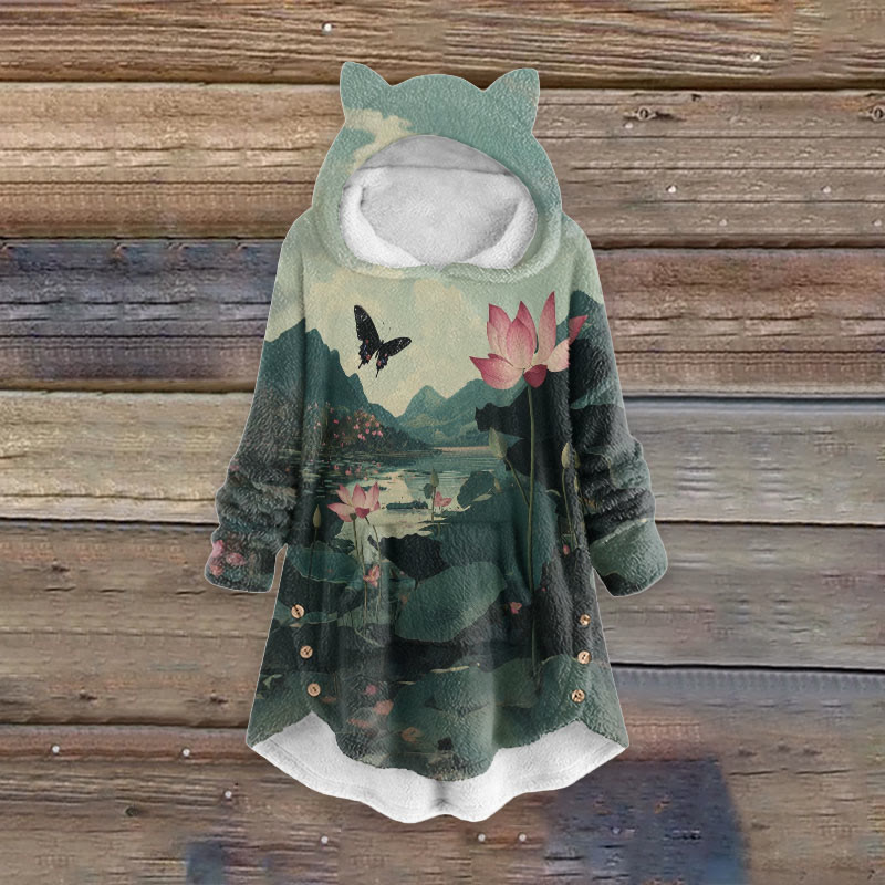 Women's Lovely Butterfly With Lotus Pond Print Kangaroo Pocket Cute Cat Ear Fuzzy Fleece Hoodie - Dark Green - 6XL - image 1