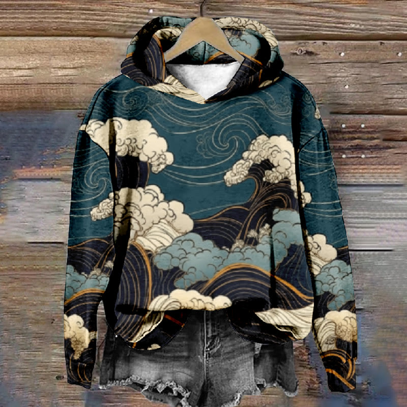 Women's Japanese Vivid Ocean Waves Art Print Long Sleeve Hoodie - Blue - 8XL - image 1