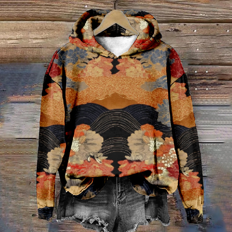 Women's Japanese Autumn Maple Leaf Floral Art Print Long Sleeve Hoodie - Multicolor - 8XL - image 1