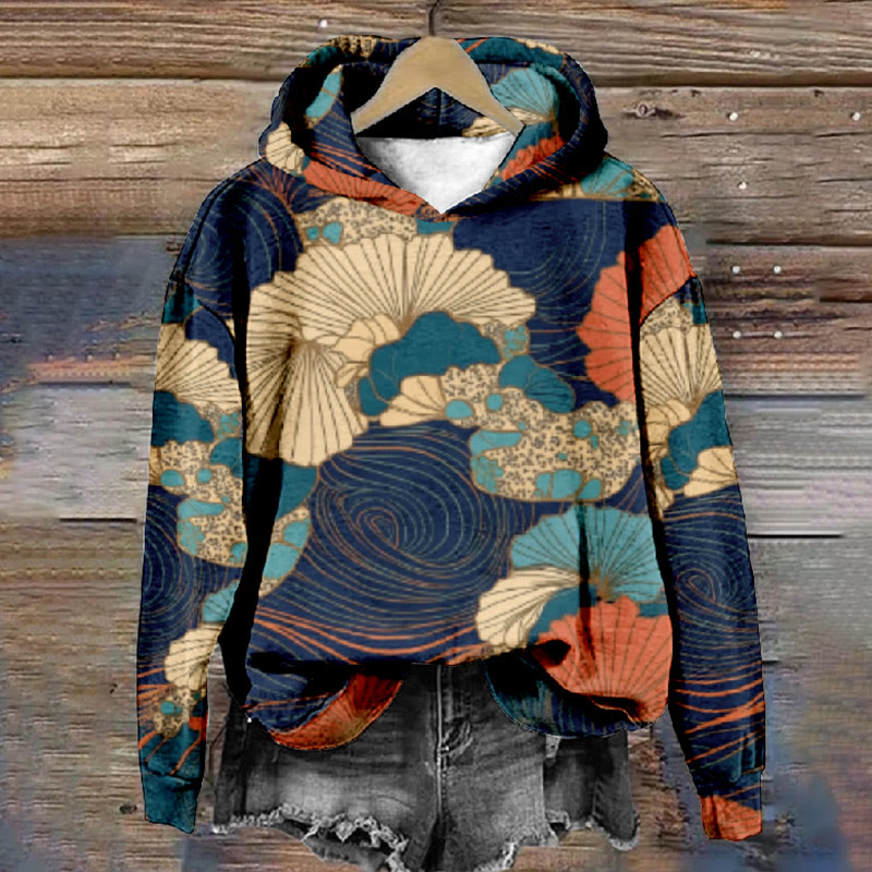 Women's Japanese Fan-shaped Flower Art Print Long Sleeve Hoodie - Multicolor - 8XL - image 1