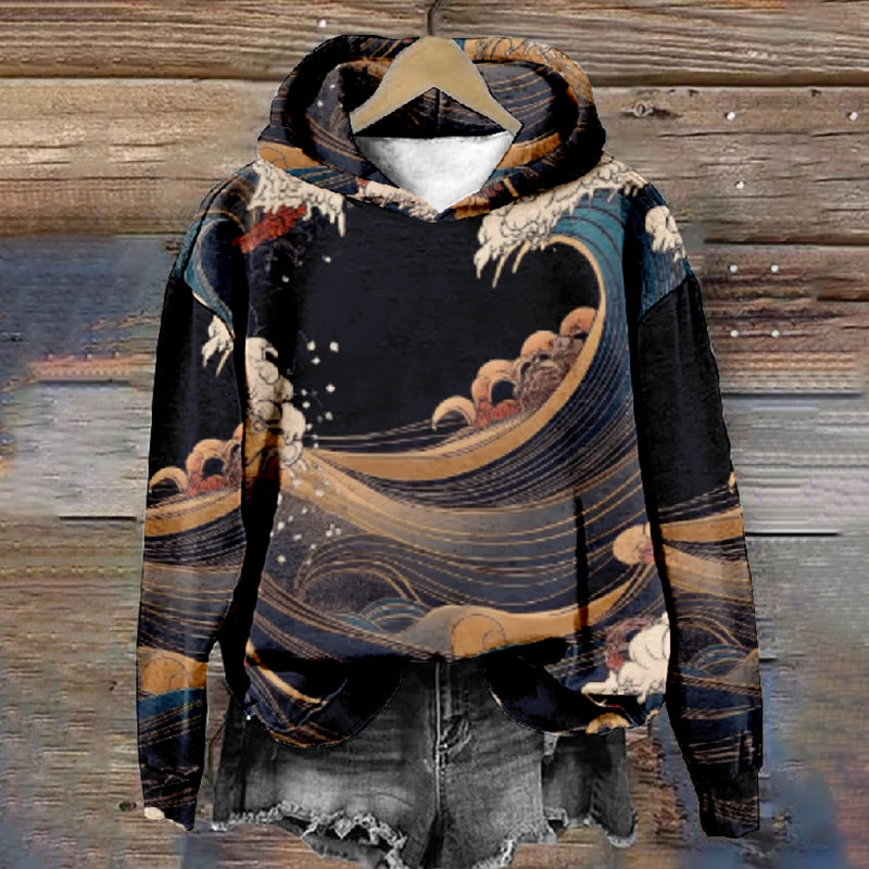 Women's Japanese Abstract Wave Floral Art Print Long Sleeve Hoodie - Multicolor - 8XL - image 1