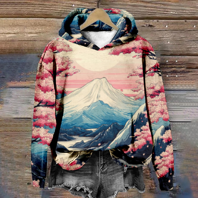 Women's Japanese Lovely Sakura Snow Mountain Print Long Sleeve Hoodie - Multicolor - 8XL - image 1