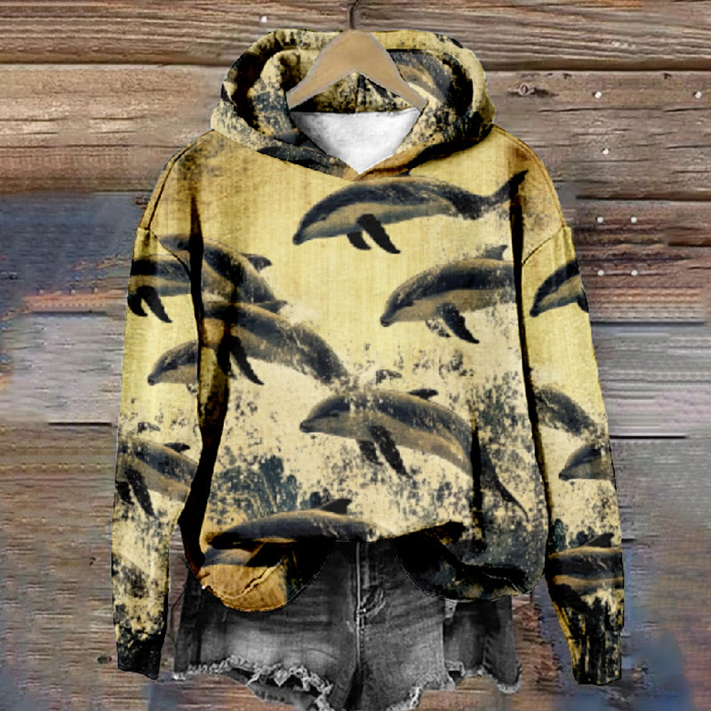 Women's Japanese Cute ocean dolphin Art print Long Sleeve Hoodie - Multicolor - 8XL - image 1