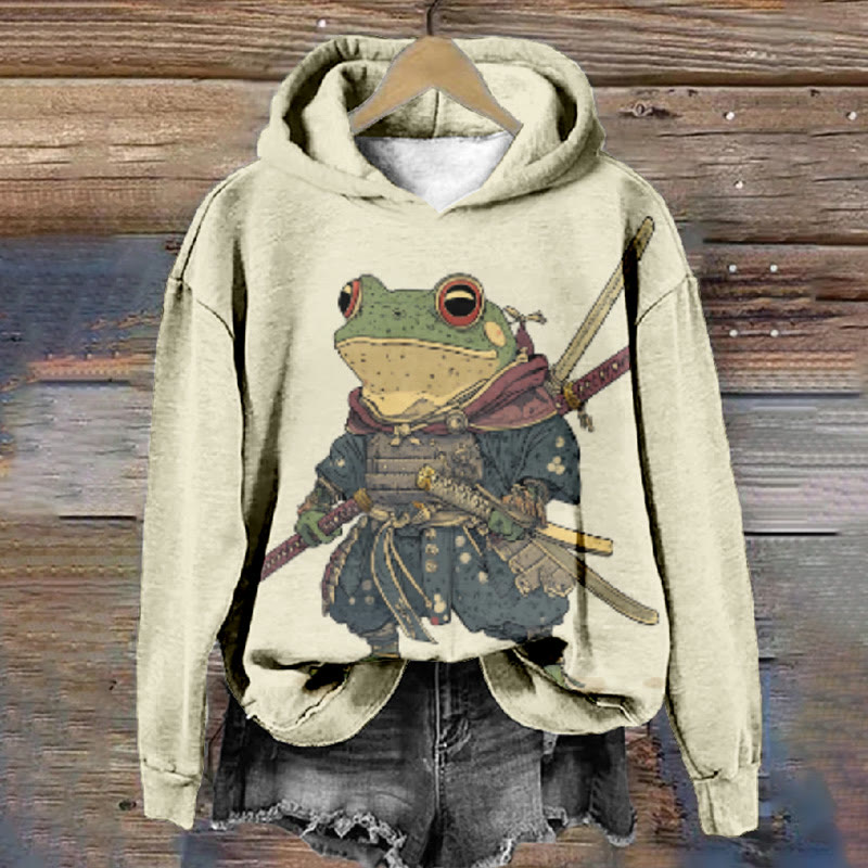 Women's Japanese Creative Samurai Frog Print Long Sleeve Hoodie - Beige - 8XL - image 1