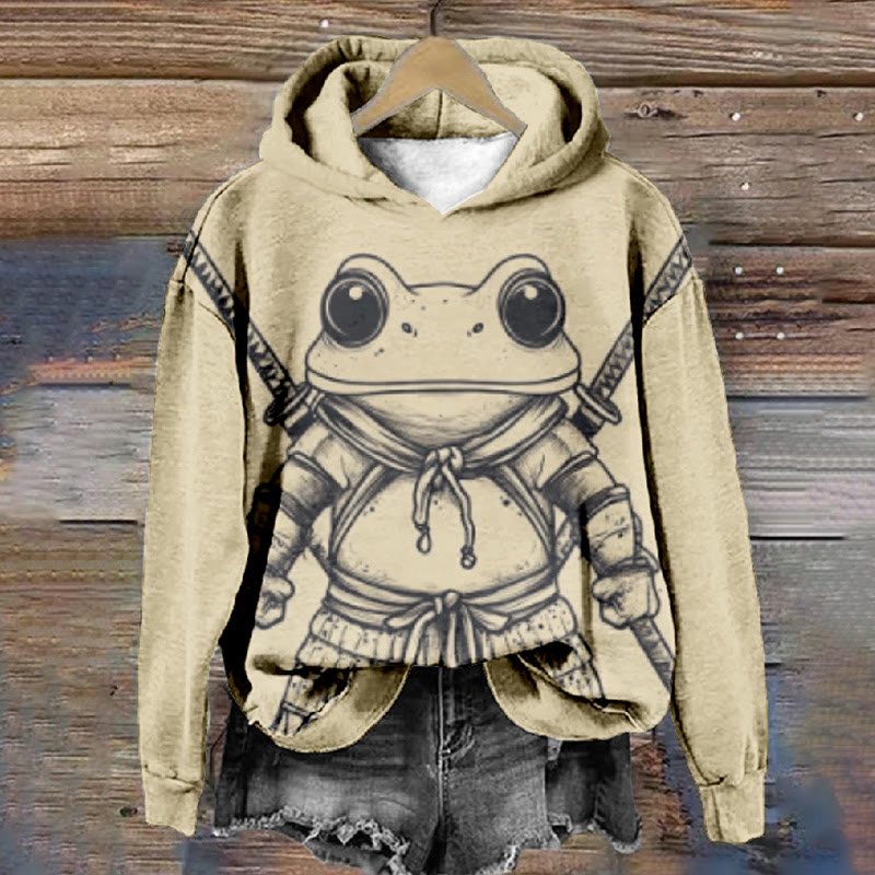 Women's Japanese Ink Watercolor Samurai Frog Print Long Sleeve Hoodie - Khaki - 8XL - image 1