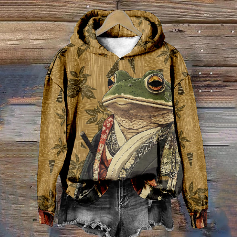 Women's Japanese Vintage Maple Leaf Samurai Frog Print Long Sleeve Hoodie - Coffee - 8XL - image 1