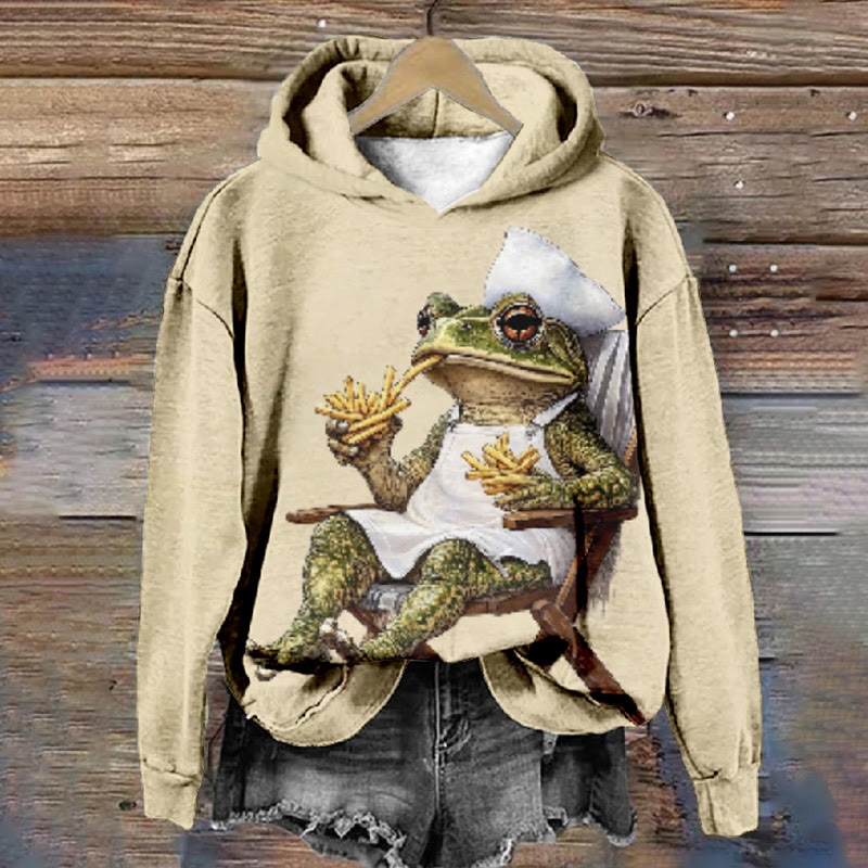 Women's Japanese Funny Frog Eating French Fries Print Long Sleeve Hoodie - Beige - 8XL - image 1