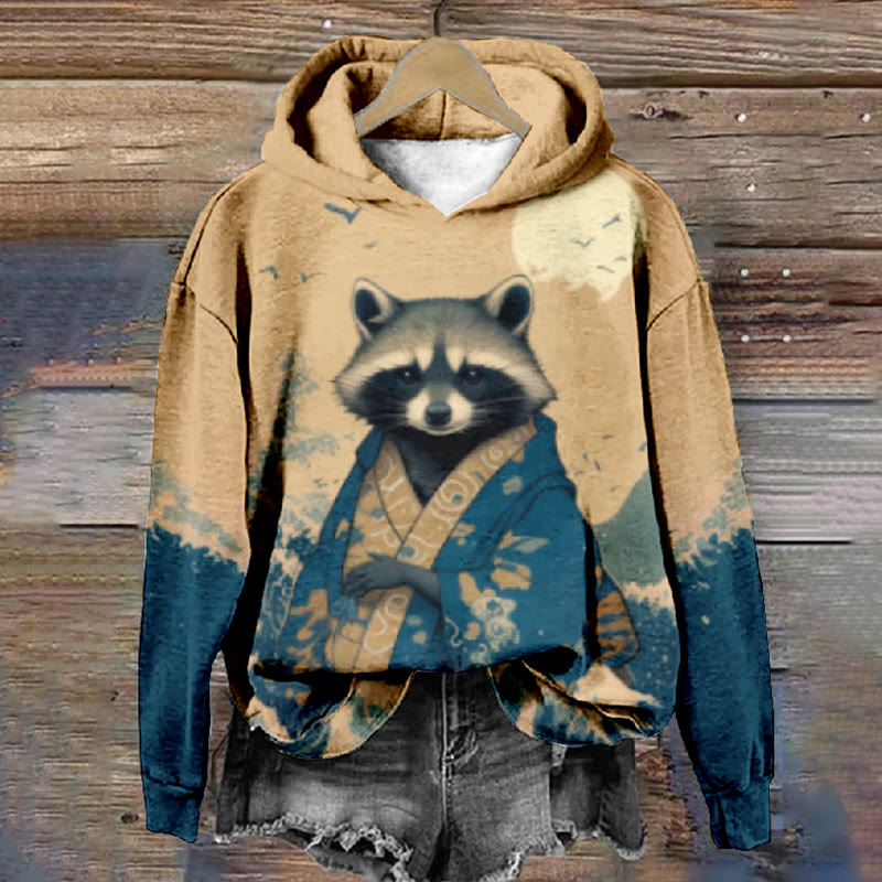 Women's Japanese Funny Kimono Raccoon Print Long Sleeve Hoodie - Multicolor - 8XL - image 1