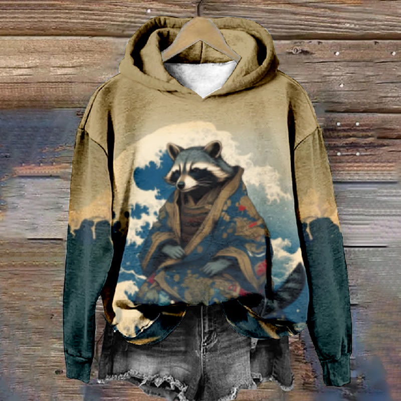 Women's Japanese Elegant Kimono Raccoon Print Long Sleeve Hoodie - Multicolor - 8XL - image 1