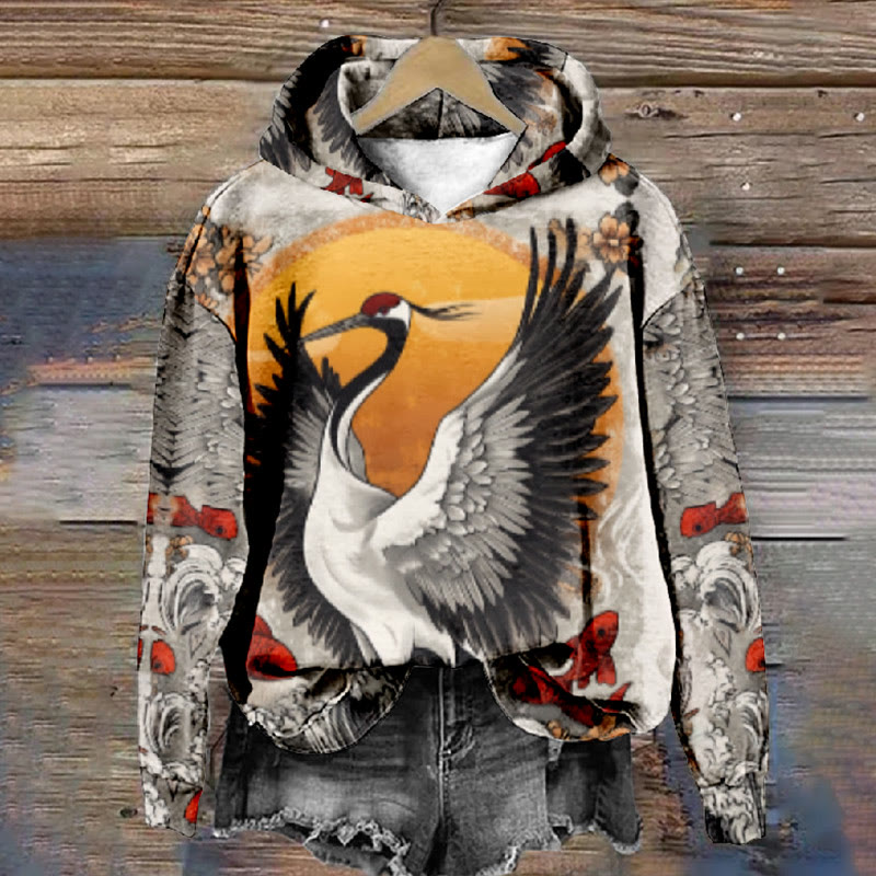 Women's Japanese Lovely Crane Spreading Wings Print Long Sleeve Hoodie - Multicolor - 8XL - image 1