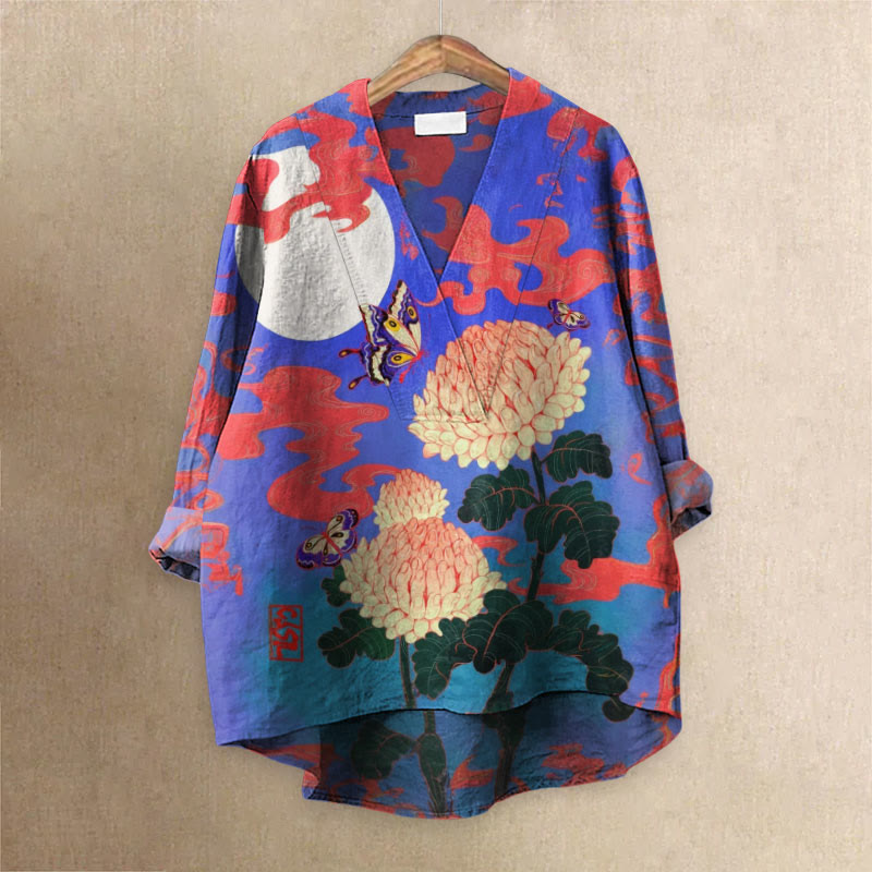 Japanese Chrysanthemum Butterfly Printed Casual V-neck Blouse - Purple - 6XL - image 1