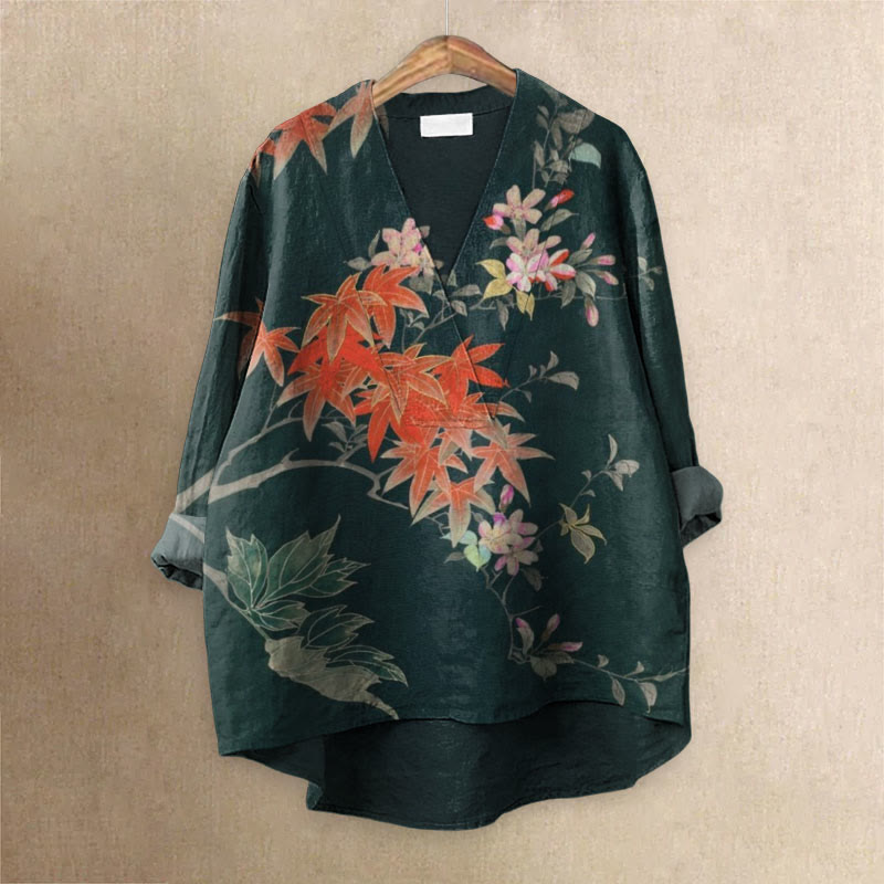 Vintage Maple Leaf Floral Art Printed Casual V-neck Blouse - Dark Green - 6XL - image 1