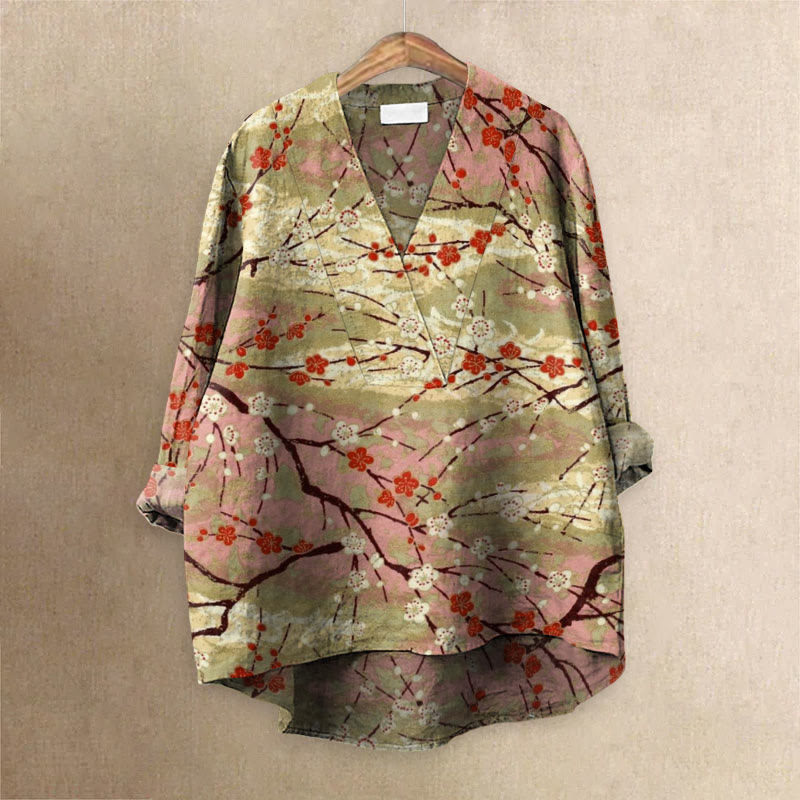Retro Traditional Plum Blossom Colorblock Art Printed Casual V-neck Blouse - Khaki - 6XL - image 1