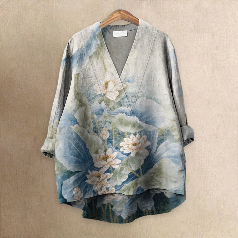 Vintage Lotus Art Printed Casual V-neck Blouse - Blue - 6XL - image 1