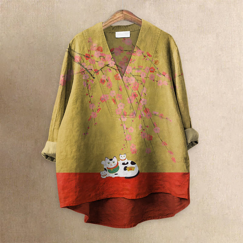 Retro Japanese Art Colorblock Lucky Cat Floral Printed Casual V-neck Blouse - Yellow - 6XL - image 1