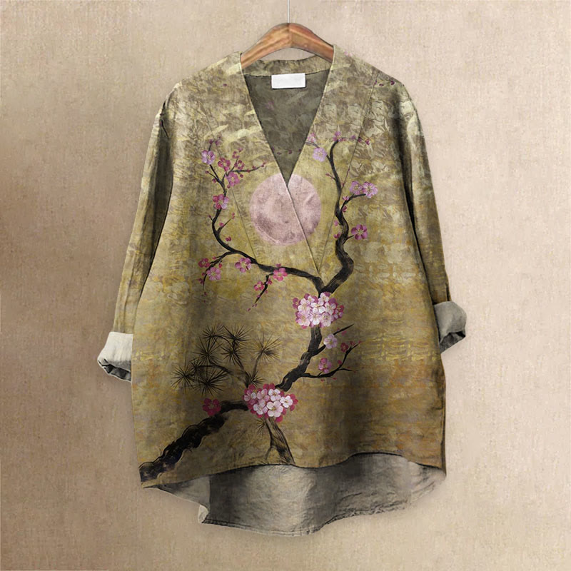 Japanese Plum Blossom Printed Casual V-neck Blouse - Khaki - 6XL - image 1