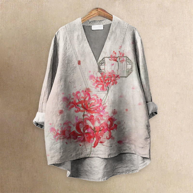 Japanese Higan Flower Ink Painting Printed Casual V-neck Blouse - Apricot - 6XL - image 1