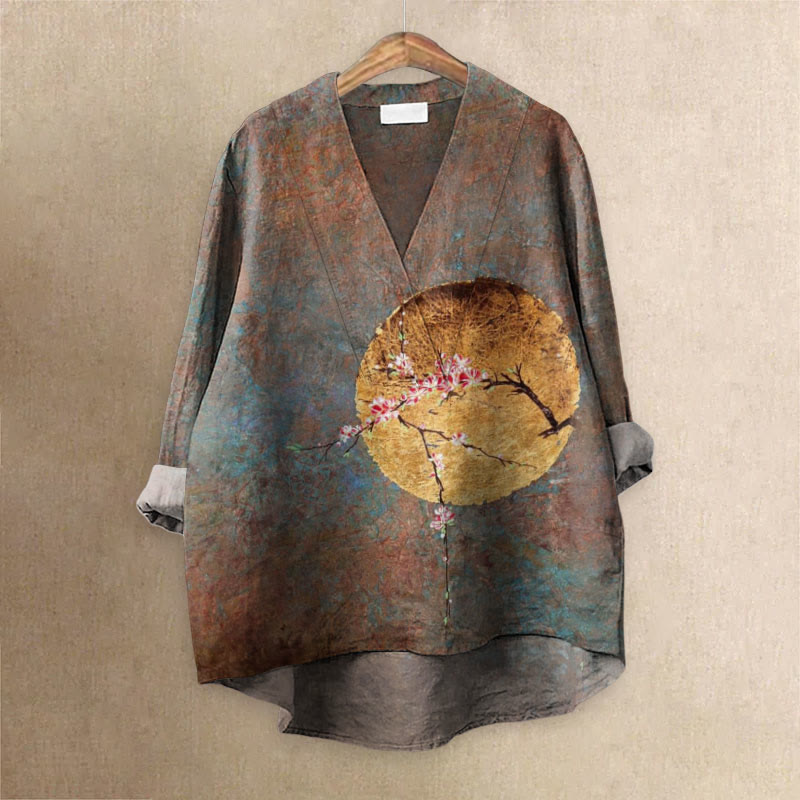 Japanese Antique Moon Plum Blossom Printed Casual V-neck Blouse - Brown - 6XL - image 1