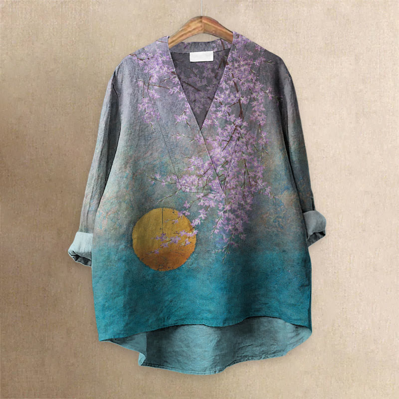 Japanese Antique Style Moon Flower Printed Casual V-neck Blouse - Blue - 6XL - image 1