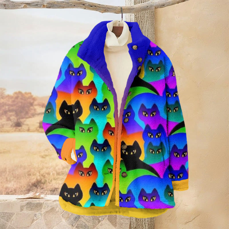 Overlapping Contrasting Cats Print Causal Plush Jacket - Blue - 3XL - image 1