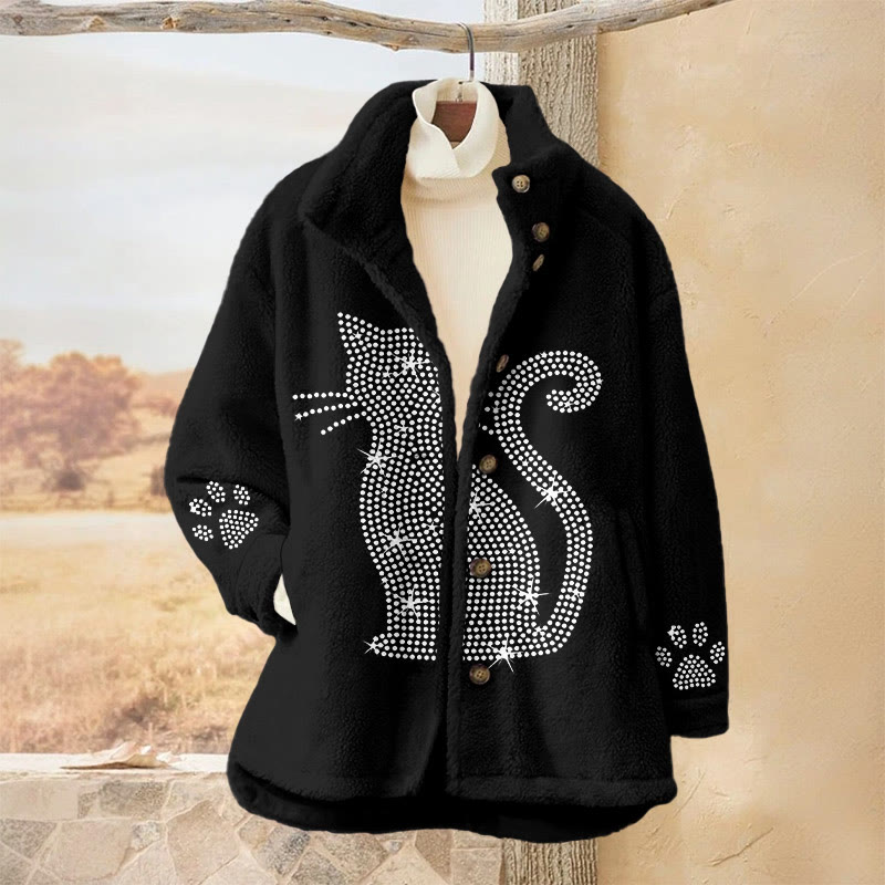 Sparkling Diamond Cat Print Plush Jacket - Black - 3XL - image 1